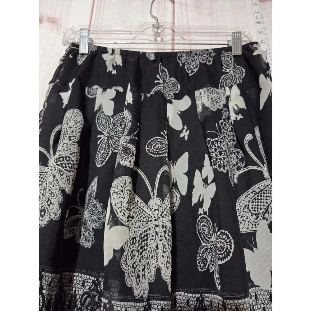 Butterfly‎ Print Chiffon Skirt Black White Lace Border Knee Length Womens 8
